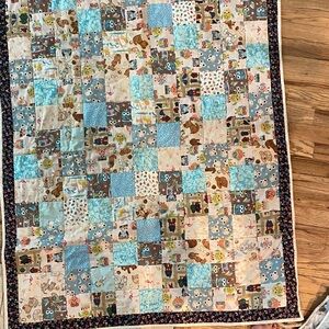 Hand quilted boys Patchwork Quilt with Blue and Brown animals